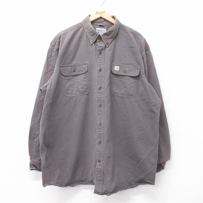 XL★古着 カーハート Carhartt 長袖 ブランド シャツ メンズ ワンポイントロゴ 大きいサイズ ロング丈 コットン ボタンダウン 濃グレー 25sep10 中古 トップス