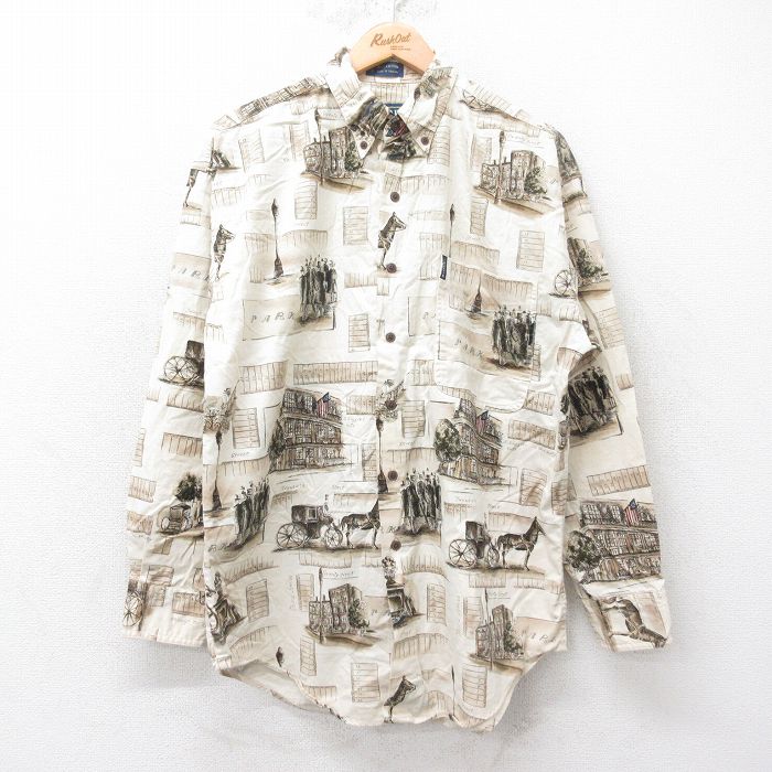 L★古着 ラルフローレン Ralph Lauren チャップス 長袖 ブランド シャツ メンズ 80年代 80s 馬車 ロング丈 コットン ボタンダウン 薄ベージュ他 カーキ 【spe】 25sep10 中古 トップス