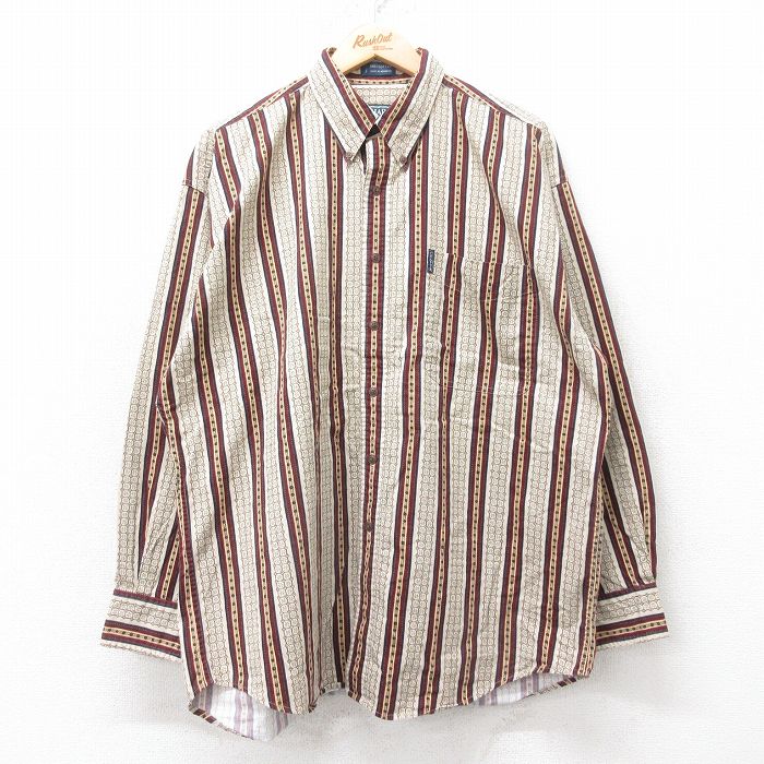 XL★古着 ラルフローレン Ralph Lauren チャップス 長袖 ブランド シャツ メンズ 80年代 80s 大きいサイズ コットン ボタンダウン ベージュ系他 カーキ ストライプ 【spe】 25sep10 中古 トップス