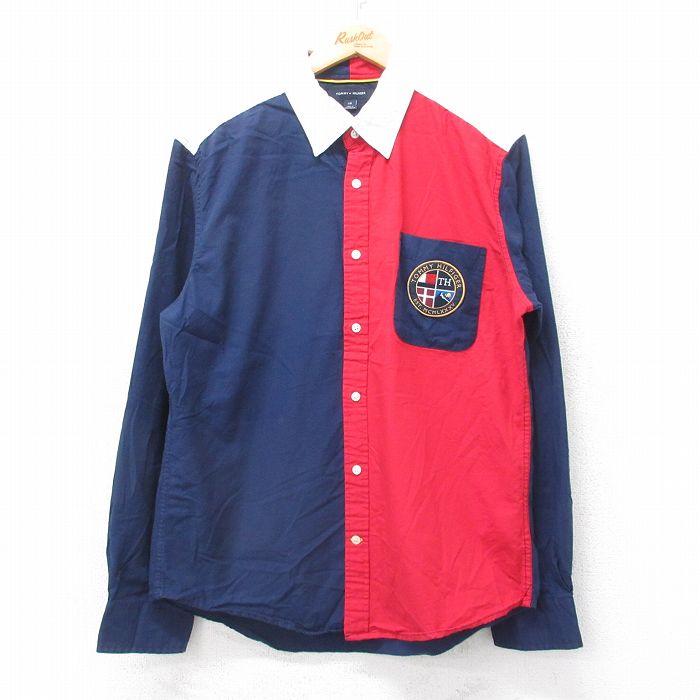 L★古着 トミーヒルフィガー TOMMY HILFIGER 長袖 ブランド シャツ メンズ ワンポイントロゴ マルチカラー コットン ボタンダウン 紺他 ネイビー 25sep11 中古 トップス