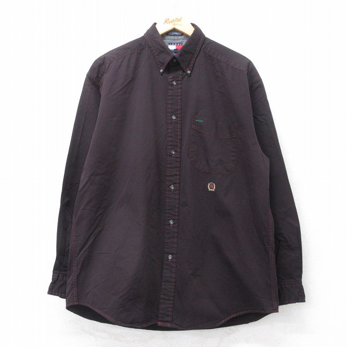 XL★古着 トミーヒルフィガー TOMMY HILFIGER 長袖 ブランド シャツ メンズ 90年代 90s ワンポイントロゴ コットン ボタンダウン 黒系 ブラック 25sep11 中古 トップス