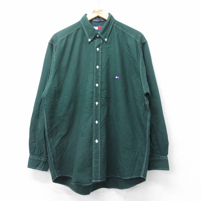 XL★古着 トミーヒルフィガー TOMMY HILFIGER 長袖 ブランド シャツ メンズ 90年代 90s ワンポイントロゴ コットン ボタンダウン 緑 グリーン 25sep11 中古 トップス