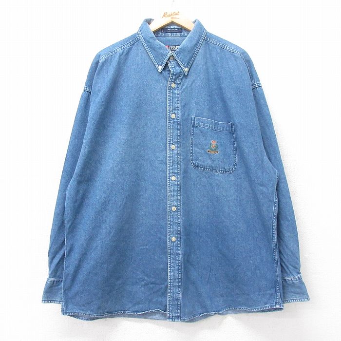 XL★古着 ラルフローレン Ralph Lauren チャップス 長袖 ブランド シャツ メンズ 90年代 90s ワンポイントロゴ 大きいサイズ ロング丈 コットン ボタンダウン 紺 ネイビー デニム 【spe】 25sep11 中古 トップス
