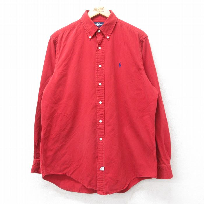 XL★古着 ラルフローレン Ralph Lauren 長袖 ブランド シャツ メンズ 90年代 90s ワンポイントロゴ ロング丈 コットン ボタンダウン 赤 レッド 25sep11 中古 トップス