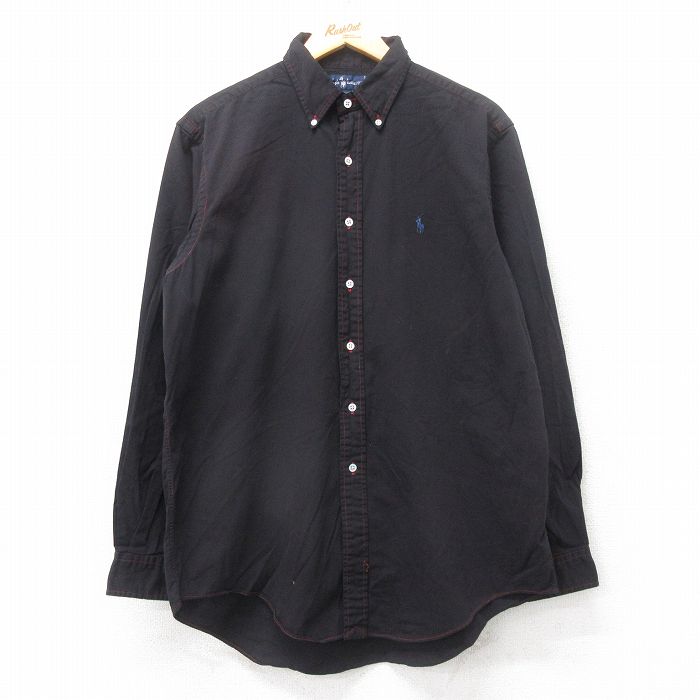 XL★古着 ラルフローレン Ralph Lauren 長袖 ブランド シャツ メンズ 90年代 90s ワンポイントロゴ 大きいサイズ コットン ボタンダウン 黒 ブラック 25sep11 中古 トップス