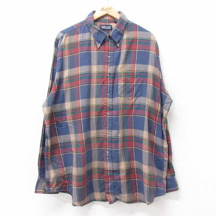 XL★古着 ランズエンド 長袖 ブランド シャツ メンズ 00年代 00s 大きいサイズ ロング丈 コットン ボタンダウン 紺他 ネイビー チェック 25sep11 中古 トップス