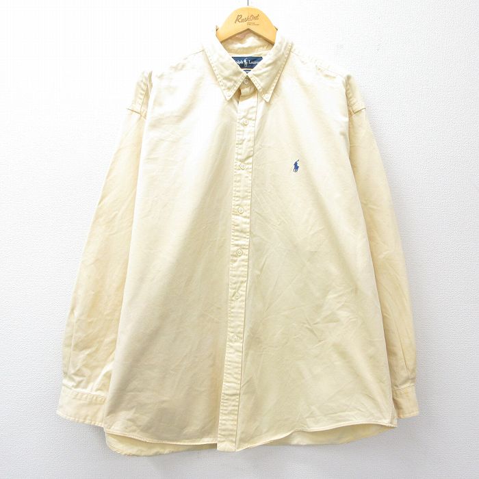 XL★古着 ラルフローレン Ralph Lauren 長袖 ブランド シャツ メンズ 90年代 90s ワンポイントロゴ BLAKE 大きいサイズ ロング丈 コットン ボタンダウン 黄 イエロー 25sep18 中古 トップス