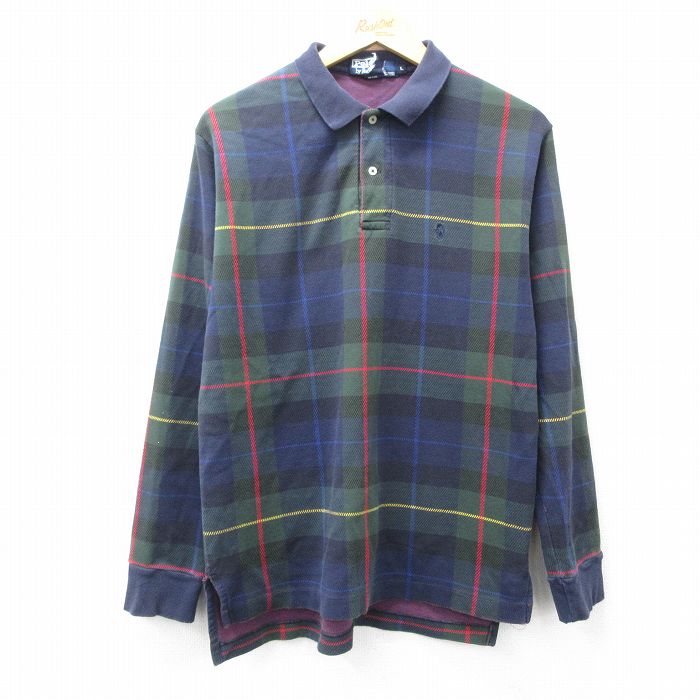M★古着 ラルフローレン Ralph Lauren 長袖 ブランド ポロ シャツ メンズ 90年代 90s ワンポイントロゴ コットン USA製 緑他 グリーン チェック 【spe】 25sep18 中古 トップス