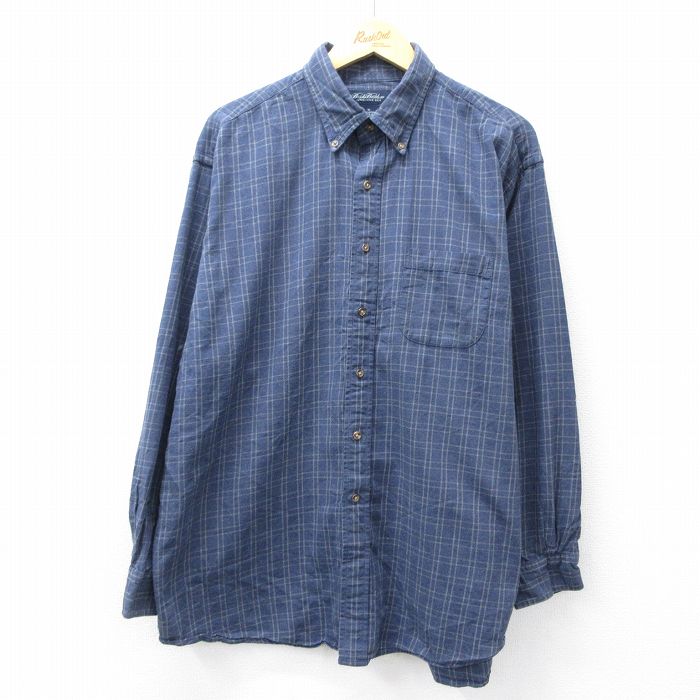 XL★古着 ブルックスブラザーズ BROOKS BROTHERS 長袖 ブランド シャツ メンズ 大きいサイズ ロング丈 コットン ボタンダウン 紺他 ネイビー チェック 25sep18 中古 トップス