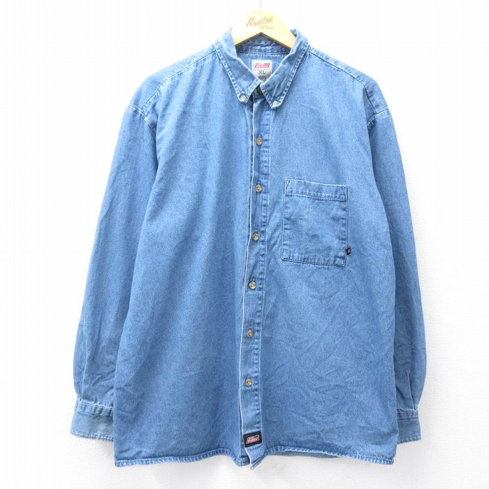 XL★古着 ディッキーズ Dickies 長袖 ブランド シャツ メンズ 大きいサイズ ロング丈 コットン ボタンダウン 紺 ネイビー デニム 【spe】 25sep18 中古 トップス