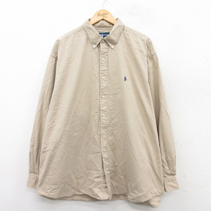 XL★古着 ラルフローレン Ralph Lauren 長袖 ブランド シャツ メンズ 90年代 90s ワンポイントロゴ BLAKE 大きいサイズ ロング丈 コットン ボタンダウン ベージュ カーキ 25sep20 中古 トップス