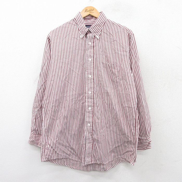 【20%OFF】L★古着 ランズエンド 長袖 ブランド シャツ メンズ 90年代 90s オックスフォード コットン ボタンダウン エンジ他 ストライプ 25sep20 中古 トップス