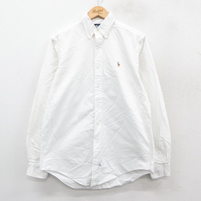 L★古着 ラルフローレン Ralph Lauren 長袖 ブランド シャツ メンズ 90年代 90s ワンポイントロゴ オックスフォード コットン ボタンダウン 白 ホワイト 25sep22 中古 トップス