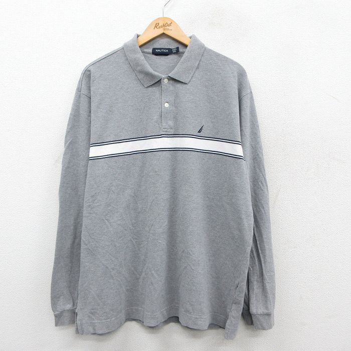 XL★古着 ノーティカ NAUTICA 長袖 ブランド ポロ シャツ メンズ ワンポイントロゴ コットン グレー 霜降り他 25sep22 中古 トップス