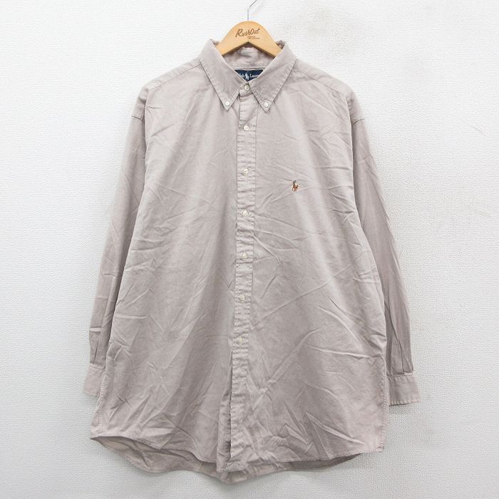XL★古着 ラルフローレン Ralph Lauren 長袖 ブランド シャツ メンズ 90年代 90s ワンポイントロゴ オックスフォード YARMOUTH 大きいサイズ ロング丈 コットン ボタンダウン ベージュ カーキ 25sep22 中古 トップス
