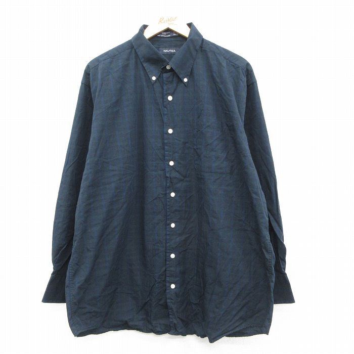 XL★古着 ノーティカ NAUTICA 長袖 ブランド シャツ メンズ 大きいサイズ ロング丈 コットン ボタンダウン 黒他 ブラック チェック 25sep22 中古 トップス