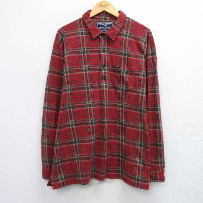 XL★古着 ラルフローレン Ralph Lauren ポロスポーツ 長袖 ブランド シャツ メンズ ワンポイントロゴ 大きいサイズ コットン 赤他 レッド チェック 【spe】 25sep25 中古 トップス