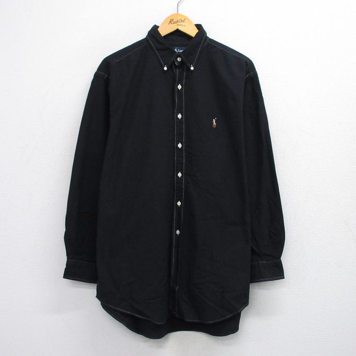 XL★古着 ラルフローレン Ralph Lauren 長袖 ブランド シャツ メンズ 90年代 90s ワンポイントロゴ YARMOUTH 大きいサイズ ロング丈 コットン ボタンダウン 黒 ブラック 25sep25 中古 トップス