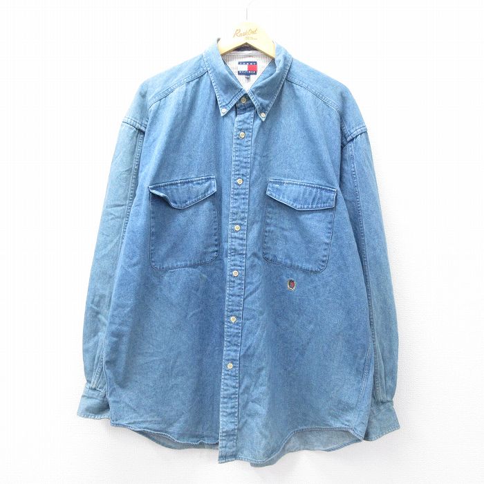 XL★古着 トミーヒルフィガー TOMMY HILFIGER 長袖 ブランド シャツ メンズ 90年代 90s ワンポイントロゴ 大きいサイズ ロング丈 コットン ボタンダウン 紺 ネイビー デニム 25oct03 中古 トップス
