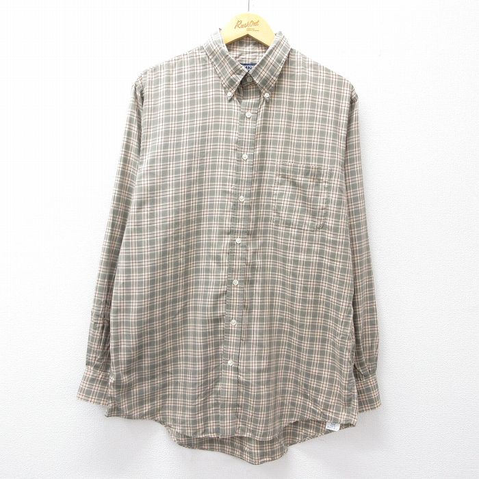 XL★古着 ランズエンド 長袖 ブランド シャツ メンズ 00年代 00s ロング丈 コットン ボタンダウン ベージュ他 カーキ チェック 25oct03 中古 トップス