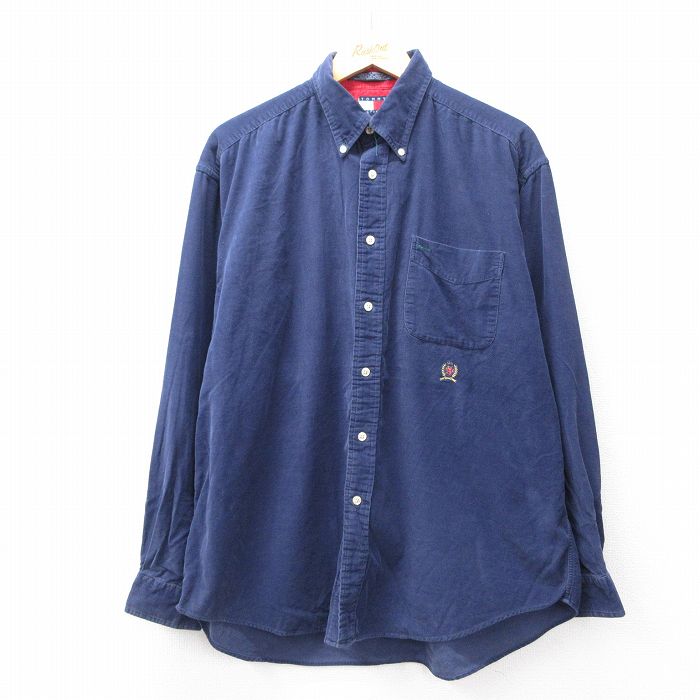 XL★古着 トミーヒルフィガー TOMMY HILFIGER 長袖 ブランド シャツ メンズ 90年代 90s ワンポイントロゴ コーデュロイ 大きいサイズ コットン ボタンダウン 濃紺 ネイビー 25oct03 中古 トップス