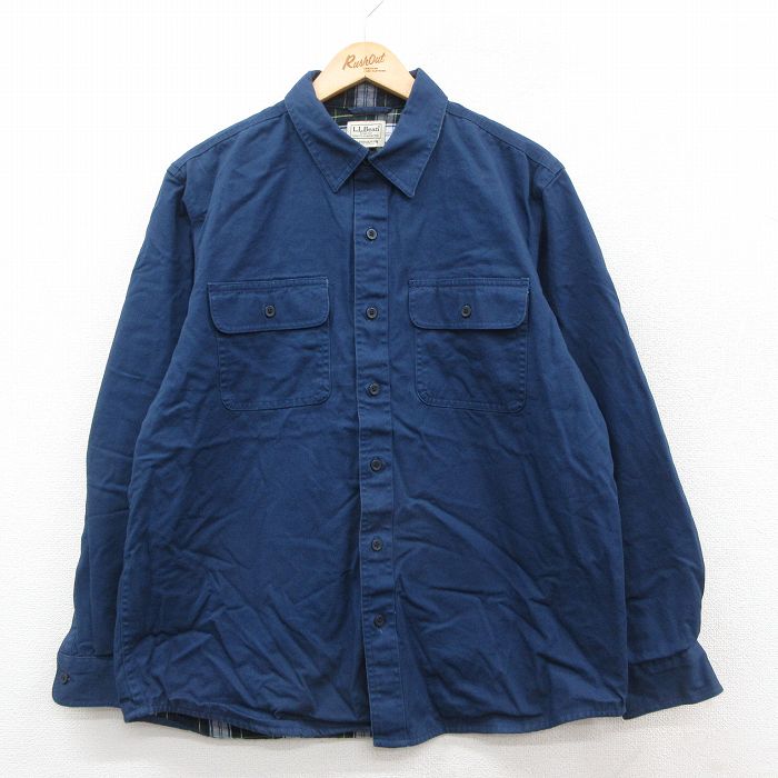 XL★古着 エルエルビーン LLBEAN 長袖 ブランド シャツ メンズ 00年代 00s コットン 紺 ネイビー 内側フランネル 25oct07 中古 トップス