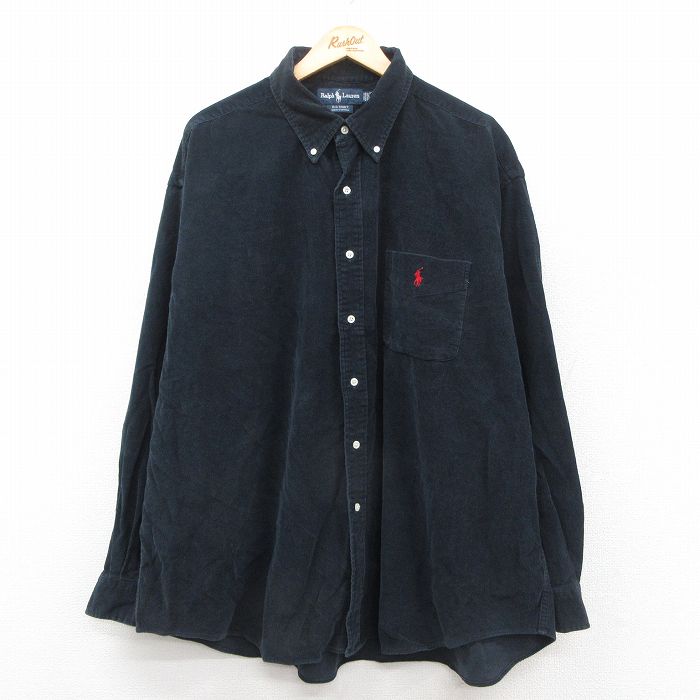 XL★古着 ラルフローレン Ralph Lauren 長袖 ブランド シャツ メンズ 90年代 90s ワンポイントロゴ BIG SHIRT コーデュロイ 大きいサイズ ロング丈 コットン ボタンダウン 黒 ブラック 【spe】 25oct07 中古 トップス