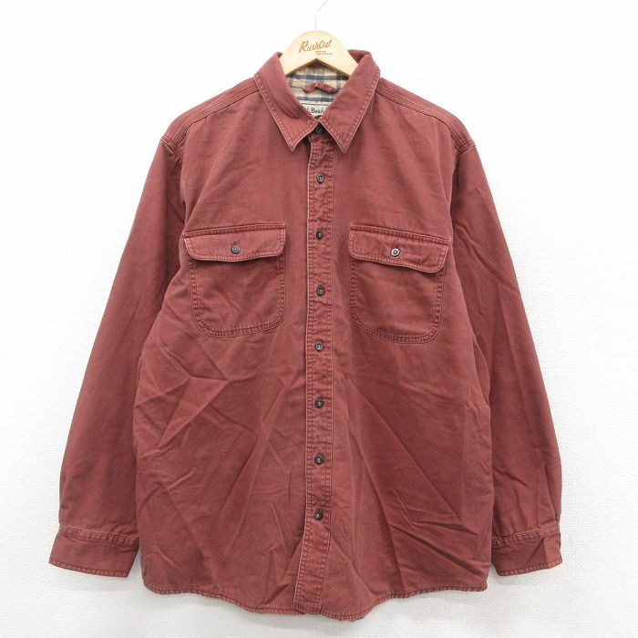 XL★古着 エルエルビーン LLBEAN 長袖 ブランド シャツ メンズ 00年代 00s ロング丈 コットン 茶系 ブラウン 内側フランネル 25oct07 中古 トップス