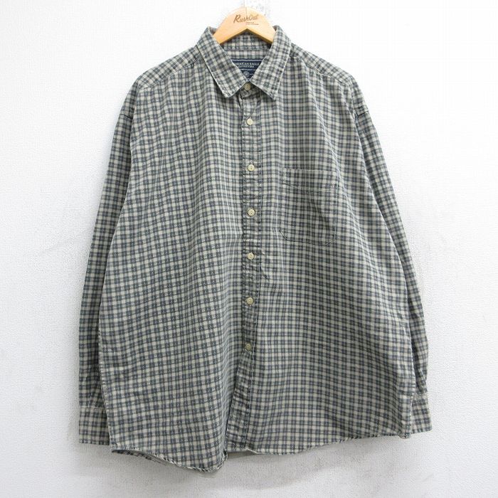 XL★古着 アメリカンイーグル American Eagle 長袖 ブランド シャツ メンズ 大きいサイズ コットン ベージュ他 カーキ チェック 25oct14 中古 トップス