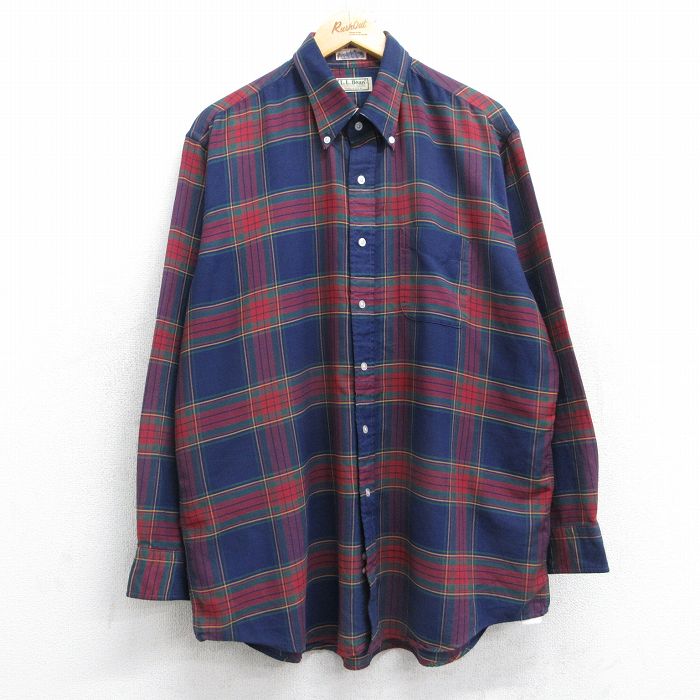 【20%OFF】XL★古着 エルエルビーン LLBEAN 長袖 ブランド シャツ メンズ 80年代 80s 大きいサイズ ロング丈 ボタンダウン USA製 紺他 ネイビー チェック 【spe】 25oct14 中古 トップス