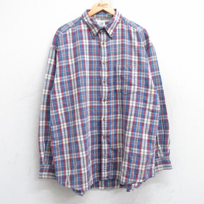 XL★古着 ギャップ GAP 長袖 ブランド シャツ メンズ 00年代 00s 大きいサイズ コットン ボタンダウン 薄紺 ネイビー チェック 25oct14 中古 トップス