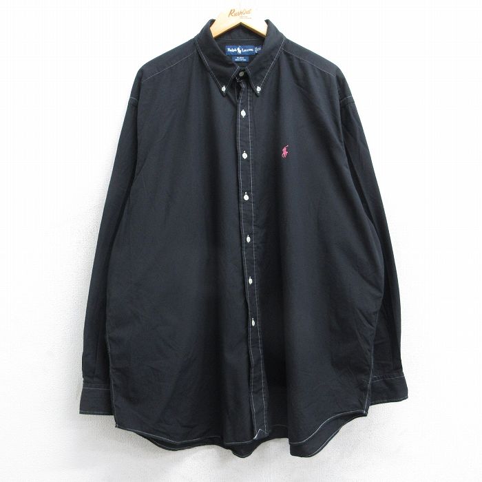 XL★古着 ラルフローレン Ralph Lauren 長袖 ブランド シャツ メンズ 90年代 90s ワンポイントロゴ BLAKE 大きいサイズ ロング丈 コットン ボタンダウン 黒 ブラック 25oct14 中古 トップス
