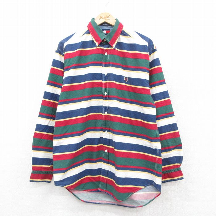 L★古着 トミーヒルフィガー TOMMY HILFIGER 長袖 ブランド シャツ メンズ 90年代 90s ロング丈 コットン ボタンダウン 緑他 グリーン ボーダー 【spe】 25oct15 中古 トップス