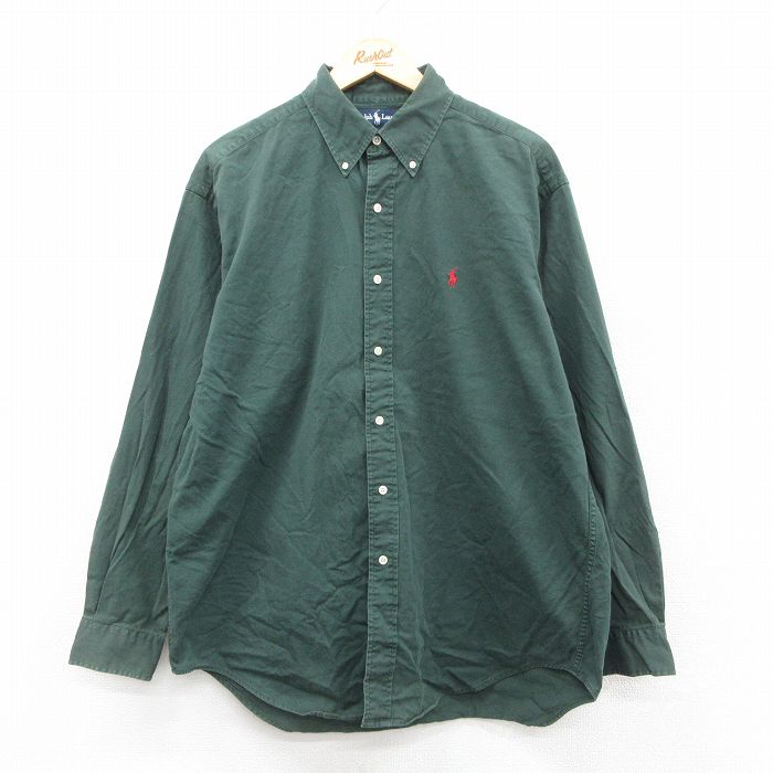 XL★古着 ラルフローレン Ralph Lauren 長袖 ブランド シャツ メンズ 90年代 90s ワンポイントロゴ BLAIRE ロング丈 コットン ボタンダウン 緑 グリーン 25oct15 中古 トップス