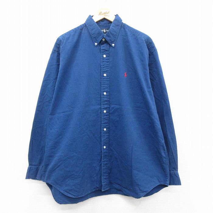 XL★古着 ラルフローレン Ralph Lauren 長袖 ブランド シャツ メンズ 90年代 90s ワンポイントロゴ BLAIRE 大きいサイズ ロング丈 コットン ボタンダウン 紺 ネイビー 25oct15 中古 トップス