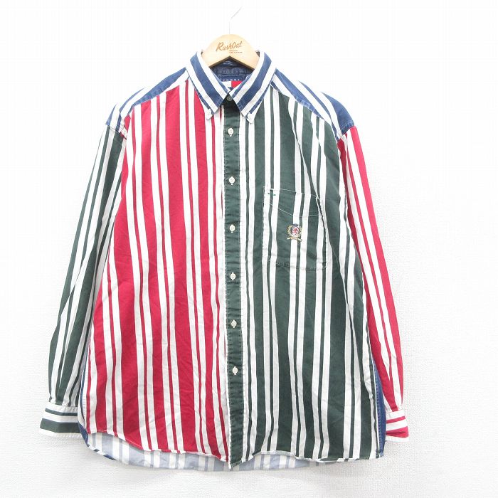 XL★古着 トミーヒルフィガー TOMMY HILFIGER 長袖 ブランド シャツ メンズ 90年代 90s ワンポイントロゴ コットン ボタンダウン 白他 ホワイト チェック 25oct15 中古 トップス