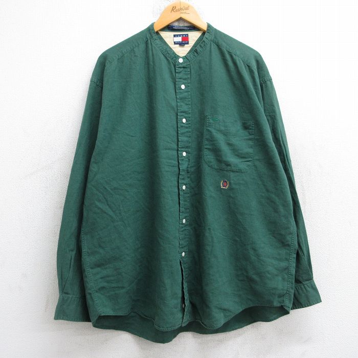 XL★古着 トミーヒルフィガー TOMMY HILFIGER 長袖 ブランド シャツ メンズ 90年代 90s ワンポイントロゴ 大きいサイズ ロング丈 リネン ノーカラー 緑 グリーン 25oct18 中古 トップス
