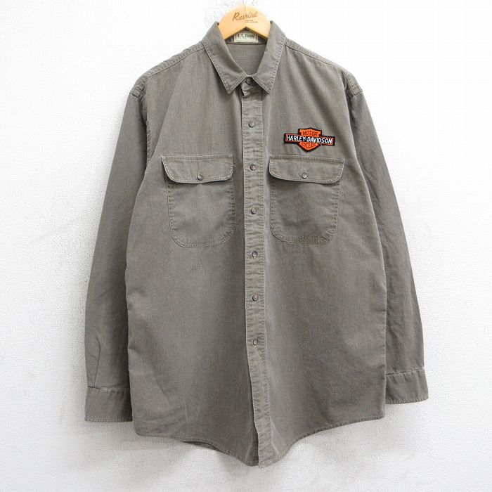 L★古着 エルエルビーン LLBEAN 長袖 ブランド シャツ メンズ 80年代 80s ハーレーダビッドソン Harley Davidson ロング丈 コットン USA製 茶系 ブラウン 【spe】 25oct18 中古 トップス