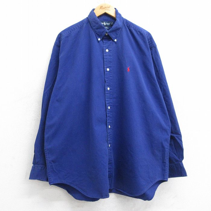 XL★古着 ラルフローレン Ralph Lauren 長袖 ブランド シャツ メンズ 90年代 90s ワンポイントロゴ BLAIRE 大きいサイズ ロング丈 コットン ボタンダウン 青 ブルー 25oct20 中古 トップス