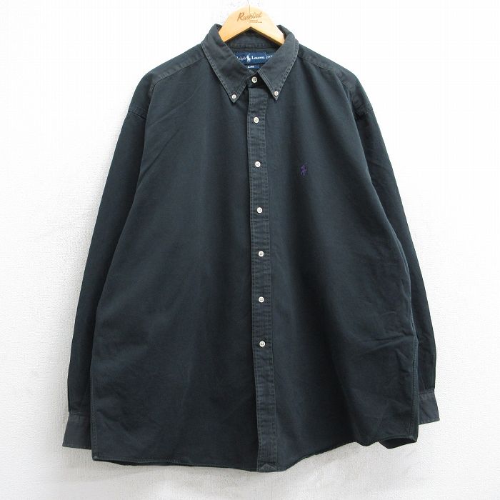 XL★古着 ラルフローレン Ralph Lauren 長袖 ブランド シャツ メンズ 90年代 90s ワンポイントロゴ BLAKE 大きいサイズ ロング丈 コットン ボタンダウン 黒 ブラック 25oct20 中古 トップス