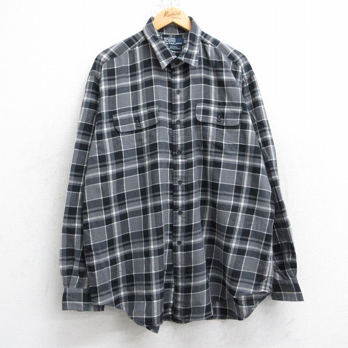 XL★古着 ラルフローレン Ralph Lauren 長袖 ブランド シャツ メンズ 90年代 90s HALPERN 大きいサイズ ロング丈 USA製 グレー他 チェック 【spe】 25oct20 中古 トップス