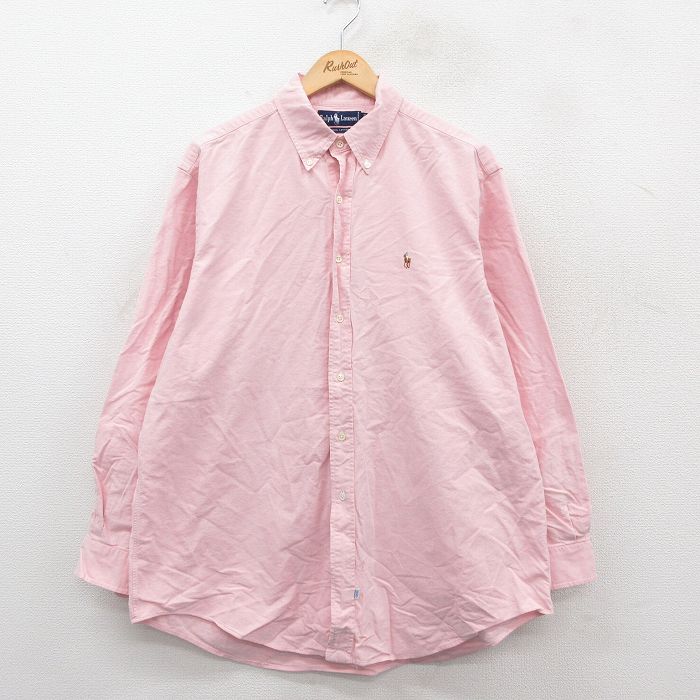 XL★古着 ラルフローレン Ralph Lauren 長袖 ブランド シャツ メンズ 90年代 90s ワンポイントロゴ オックスフォード 大きいサイズ ロング丈 コットン ボタンダウン ピンク 25oct22 中古 トップス