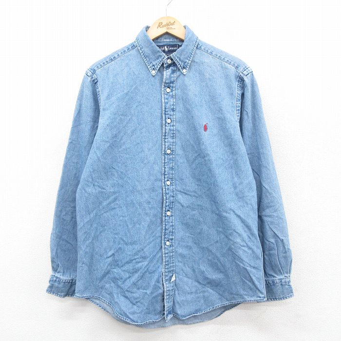 L★古着 ラルフローレン Ralph Lauren 長袖 ブランド シャツ メンズ 90年代 90s ワンポイントロゴ コットン ボタンダウン 紺 ネイビー デニム 【spe】 25oct22 中古 トップス