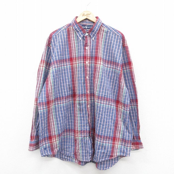 XL★古着 ラルフローレン Ralph Lauren 長袖 ブランド シャツ メンズ 90年代 90s ワンポイントロゴ 裾ロゴ ビッグシャツ シアサッカー 大きいサイズ ロング丈 コットン ボタンダウン 青他 ブルー 【spe】 25oct22 中古 トップス