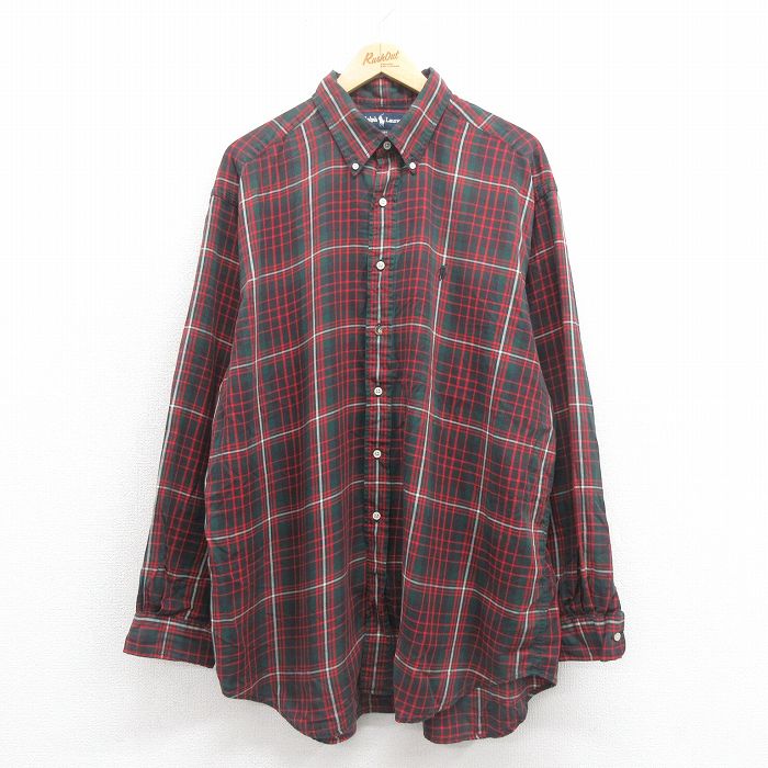 XL★古着 ラルフローレン Ralph Lauren 長袖 ブランド シャツ メンズ 90年代 90s BLAIRE ワンポイントロゴ 大きいサイズ ロング丈 コットン ボタンダウン 緑 グリーン チェック 25oct23 中古 トップス