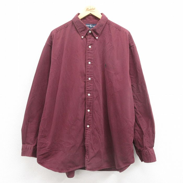 XL★古着 ラルフローレン Ralph Lauren 長袖 ブランド シャツ メンズ 90年代 90s ワンポイントロゴ BLAIRE 大きいサイズ コットン ボタンダウン エンジ 25oct23 中古 トップス