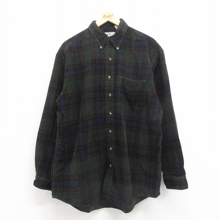 【20%OFF】XL★古着 エルエルビーン LLBEAN 長袖 ブランド シャツ メンズ 90年代 90s コーデュロイ 大きいサイズ コットン ボタンダウン 緑 グリーン チェック 【spe】 25oct23 中古 トップス