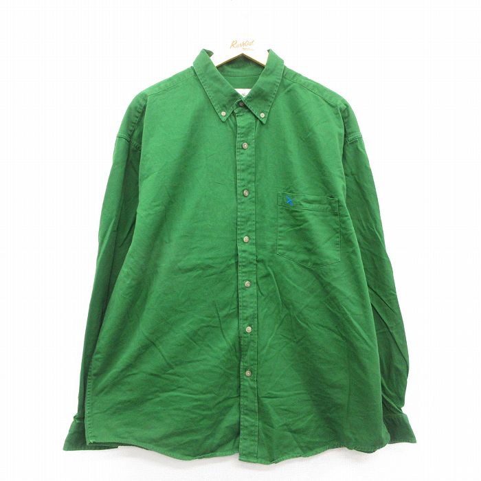 XL★古着 エディーバウアー 長袖 ブランド シャツ メンズ 00年代 00s ワンポイントロゴ 大きいサイズ ロング丈 コットン ボタンダウン 緑 グリーン 25oct23 中古 トップス