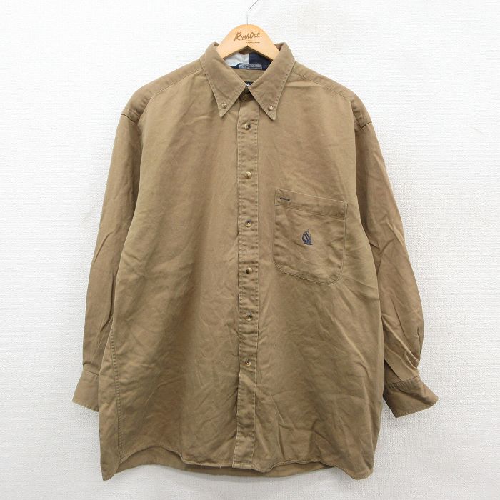 XL★古着 ノーティカ NAUTICA 長袖 ブランド シャツ メンズ 90年代 90s ワンポイントロゴ 大きいサイズ ロング丈 コットン ボタンダウン 濃ベージュ カーキ 25oct23 中古 トップス
