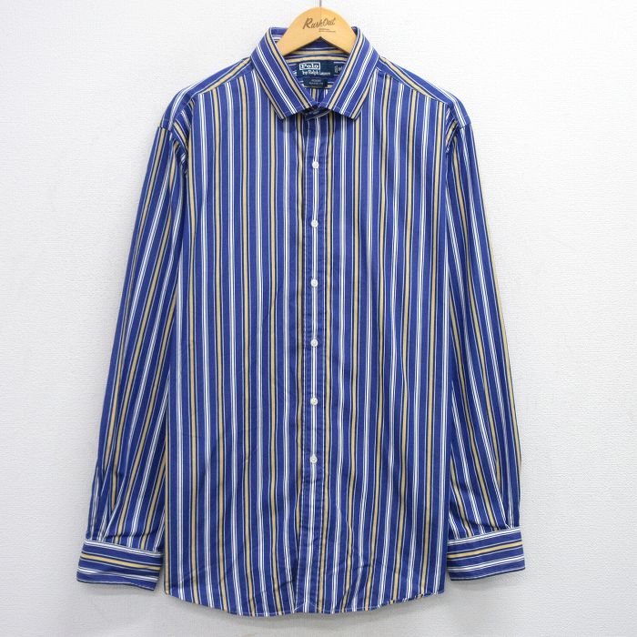 XL★古着 ラルフローレン Ralph Lauren 長袖 ブランド シャツ メンズ 90年代 90s REGENT 大きいサイズ ロング丈 コットン 青他 ブルー ストライプ 25oct24 中古 トップス